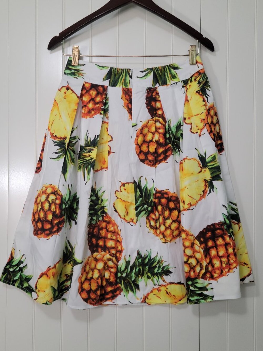 50s 60s MCM Retro Rockabilly Pineapple Tropical A-line Pleated Swing Midi Skirt